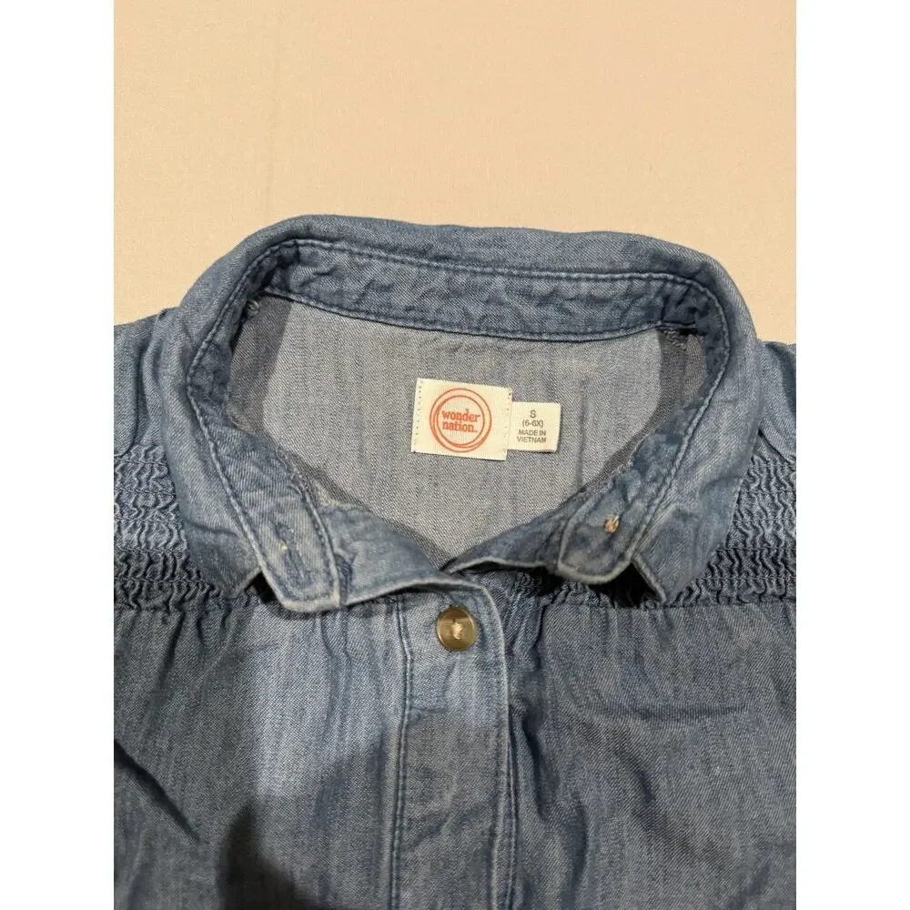 Wonder Nation Girls Blue Denim Shirt Dress Collared Button Front Smocked